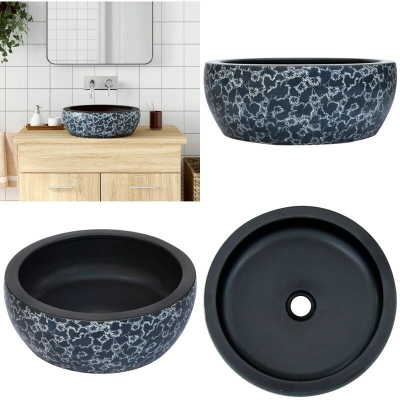 Vasque à poser noir et bleu rond Φ41x14 cm céramique - Lavabo - Évier Salle De Bain - Meuble De Salle De Bain - Décoration Salle De Bain - Lavabo
