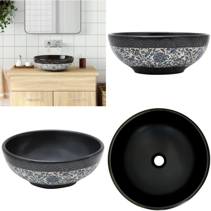 Vasque à poser noir et bleu rond Φ41x14 cm céramique - Lavabo Suspendu - Lavabo Céramique - Évier Salle De Bain - Meuble Lavabo - Décoration Salle De