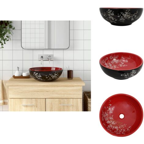 Vasque à poser noir et rouge rond Φ41x14 cm céramique - Lavabo Design - Lavabo Céramique - Lavabo Suspendu - Évier Salle De Bain - Meuble Salle De Bain