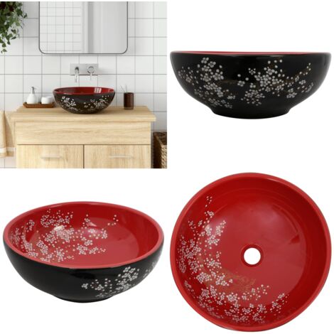 Vasque à poser noir et rouge rond Φ41x14 cm céramique - Lavabo Design - Lavabo Céramique - Lavabo Suspendu - Évier Salle De Bain - Meuble Salle De Bain - Home & Living