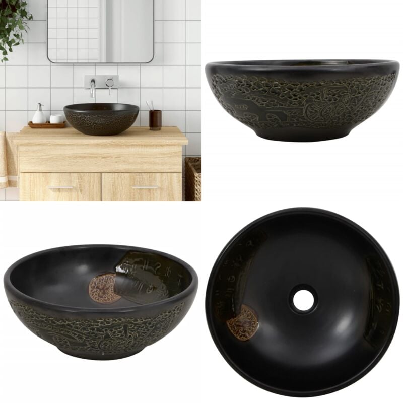 Vasque à poser noir rond Φ41x14 cm céramique - Lavabo Suspendu - Lavabo Design - Lavabo Céramique - Évier Salle De Bain - Meuble Salle De Bain - Home