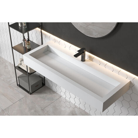Vasque à poser ou pour montage mural PB2079 en pierre solide - 120 x 46 x 13 cm - blanc mat