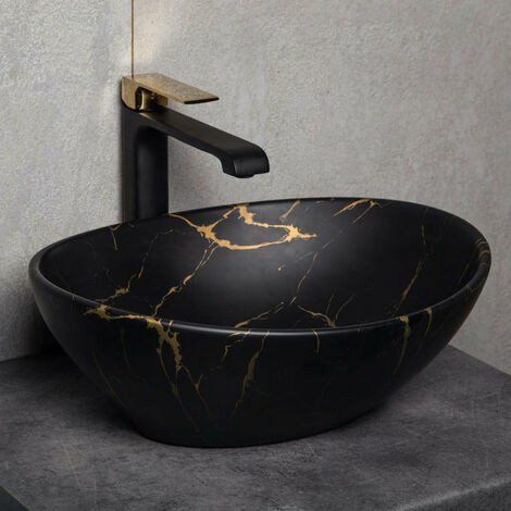 Vasque à poser ovale en céramique – Finition marbre noir doré – Dimensions 41.5 x 33.5 cm – Sans trop-plein pour bonde à écoulement libre – Kerra