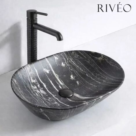 Vasque à poser ovale en céramique noir effet marbre 59 x 42,5 x 14 cm avec bonde clic-clac noire incluse - RIVÉO