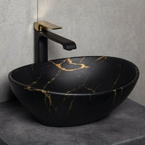Vasque à poser ovale en céramique TANDILA noir mat marbré doré 41.5 x 33.5 cm