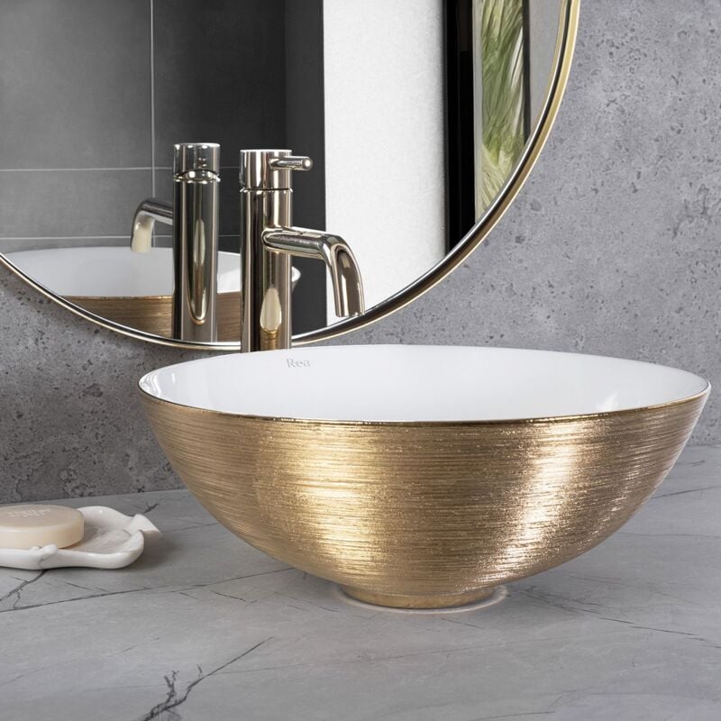 REA - vasque à poser lavabo stella gold brush / white