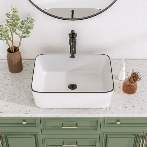 Vasque à Poser Rectangulaire en Céramique Blanche – Design Moderne avec Bordure Noire,Dimensions 47,5 x 37,5 x 13 cm, Idéale pour Salle de Bain  DeerValley DV-1V0002