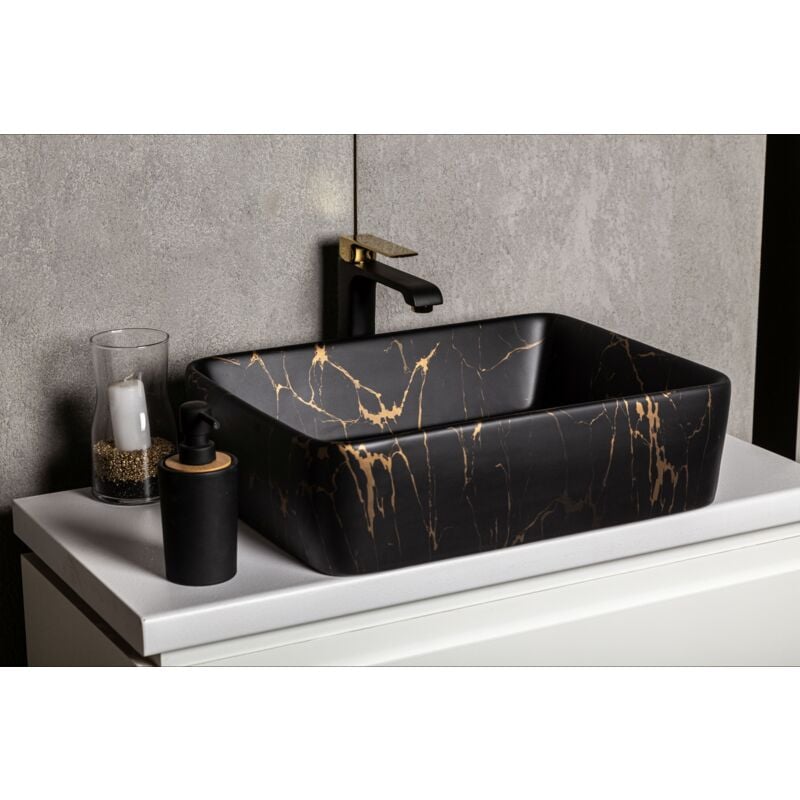 Vasque à poser rectangulaire en céramique tanuma noir mat marbré doré 47.5 x 36.5 x 13 cm
