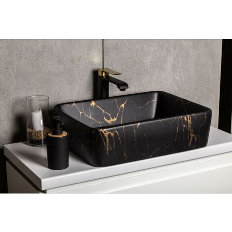 Vasque à poser rectangulaire en céramique TANUMA noir mat marbré doré 47.5 x 36.5 x 13 cm