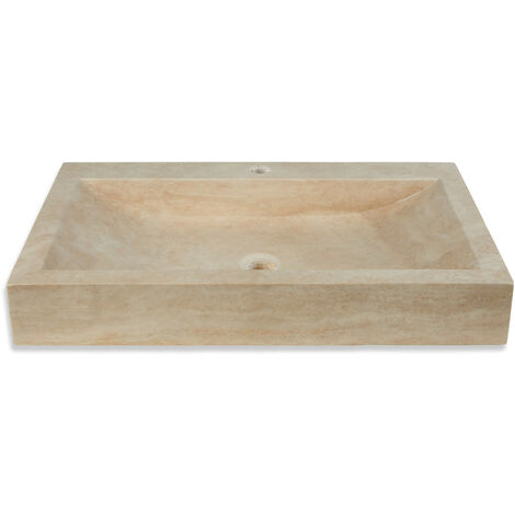 Vasque à poser rectangulaire en travertin 70x45x10 cm – Couleur beige – Perçage robinetterie pour installation facile