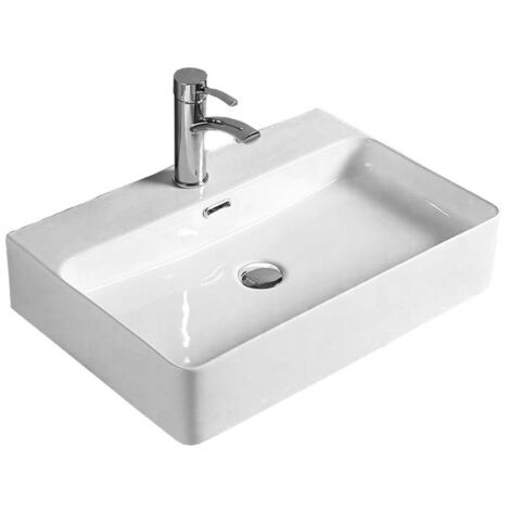 Vasque à poser rectangulaire Silla, lavabo salle de bain en céramique 60x42,5x13,5 cm, design moderne, installation facile, Blanc