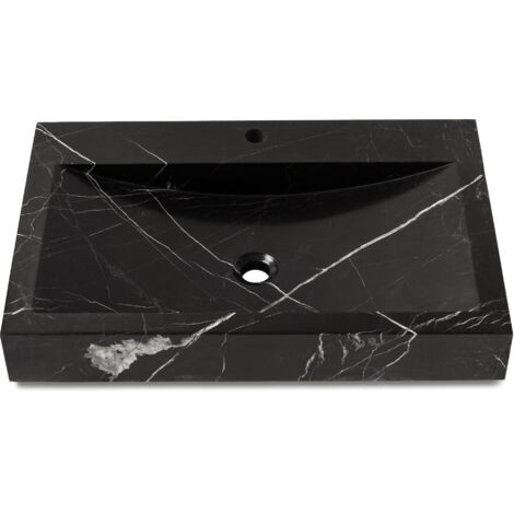 Vasque à poser rectangulaire véritable Marbre - 70x45x10 cm - Noir - Perçage robinetterie