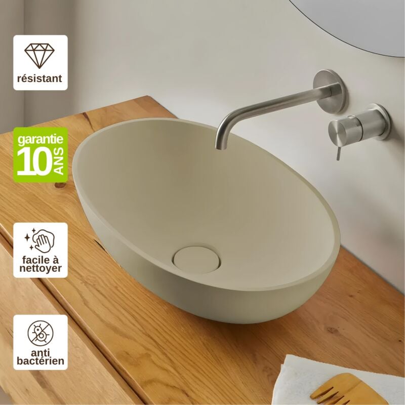 Resigres - Vasque à poser, Ovale L47,3l32,4H14,5cm, lavabo salle de bain Résigrès Altéa Beige , Solid Surface