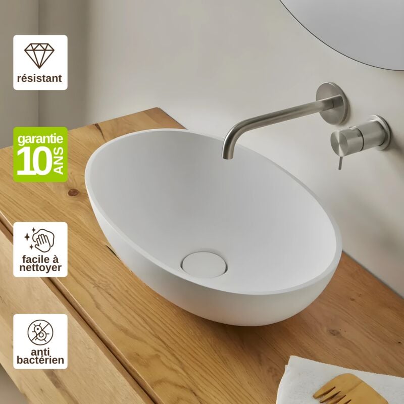 Resigres - Vasque à poser, Ovale L47,3l32,4H14,5cm, lavabo salle de bain Résigrès Altéa Blanc , Solid Surface