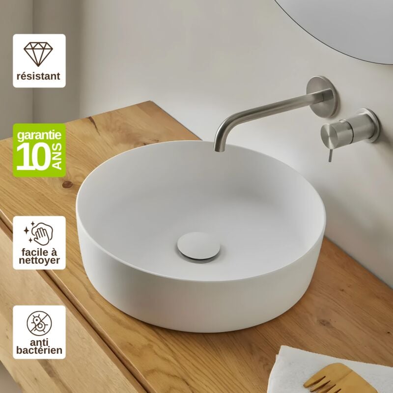 Vasque à poser, Ronde Ø39H10,5cm, lavabo salle de bain Résigrès Badia Blanc , Solid Surface