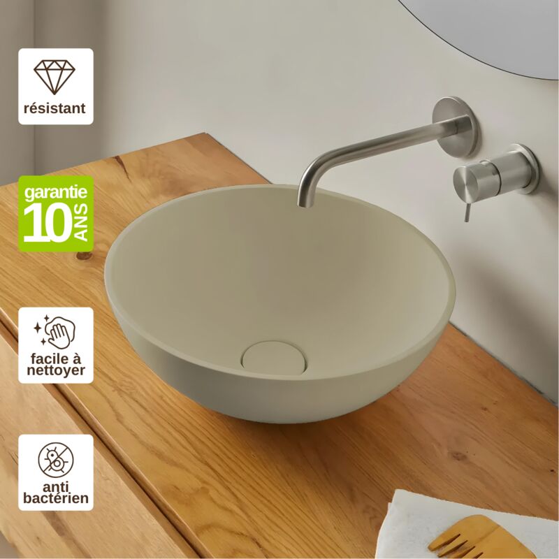 Vasque à poser, Ronde Ø37,4H14,5cm, lavabo salle de bain Résigrès Canuta Beige , Solid Surface