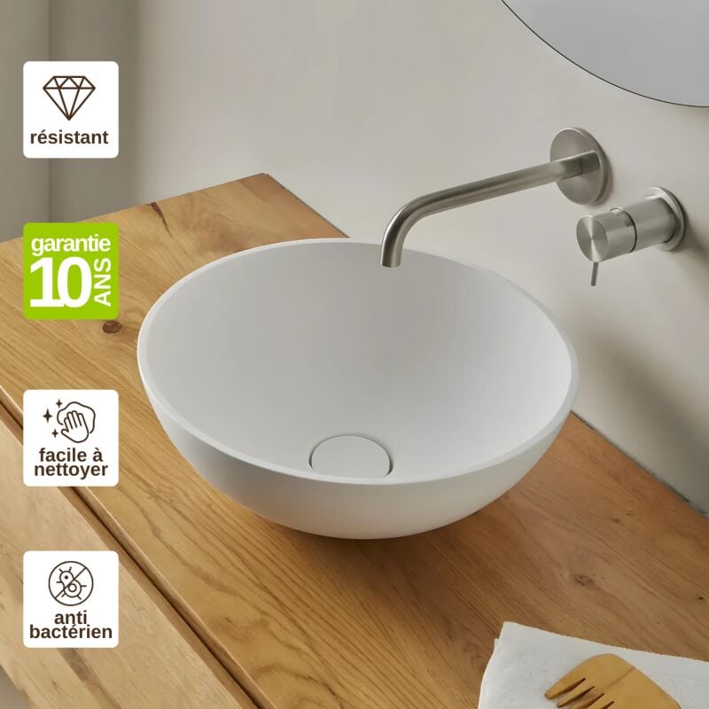 Vasque à poser, Ronde Ø37,4H14,5cm, lavabo salle de bain Résigrès Canuta Blanc , Solid Surface