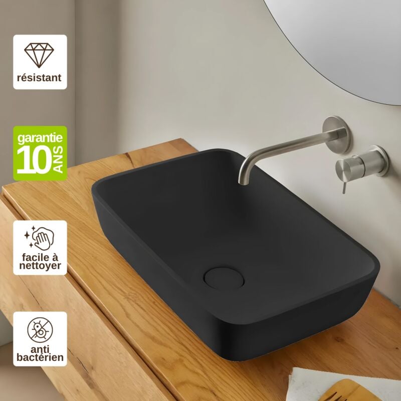 Vasque à poser, Rectangle L47,4l32,4H14,8cm, lavabo salle de bain Résigrès Javéa Noir , Solid Surface