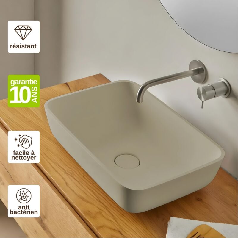 Vasque à poser, Rectangle L47,4l32,4H14,8cm, lavabo salle de bain Résigrès Javéa Beige , Solid Surface