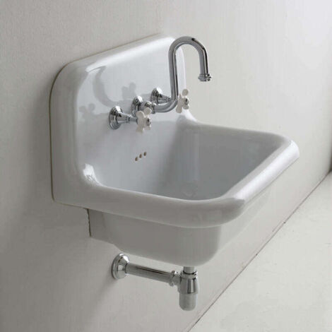 Vasque à poser rétro en céramique 60 cm – Émaillée blanche – Trop plein inclus – 3 percements pour mitigeur – Garantie 25 ans – Bleu Provence