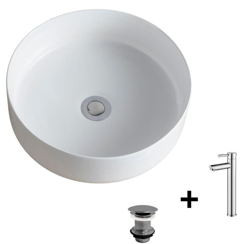 Vasque à poser ronde 36x36cm diego + robinet + bonde