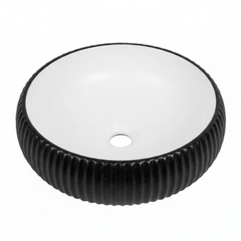 Vasque à poser ronde -42 cm -Blanc et Noir rainurée -KAVIO