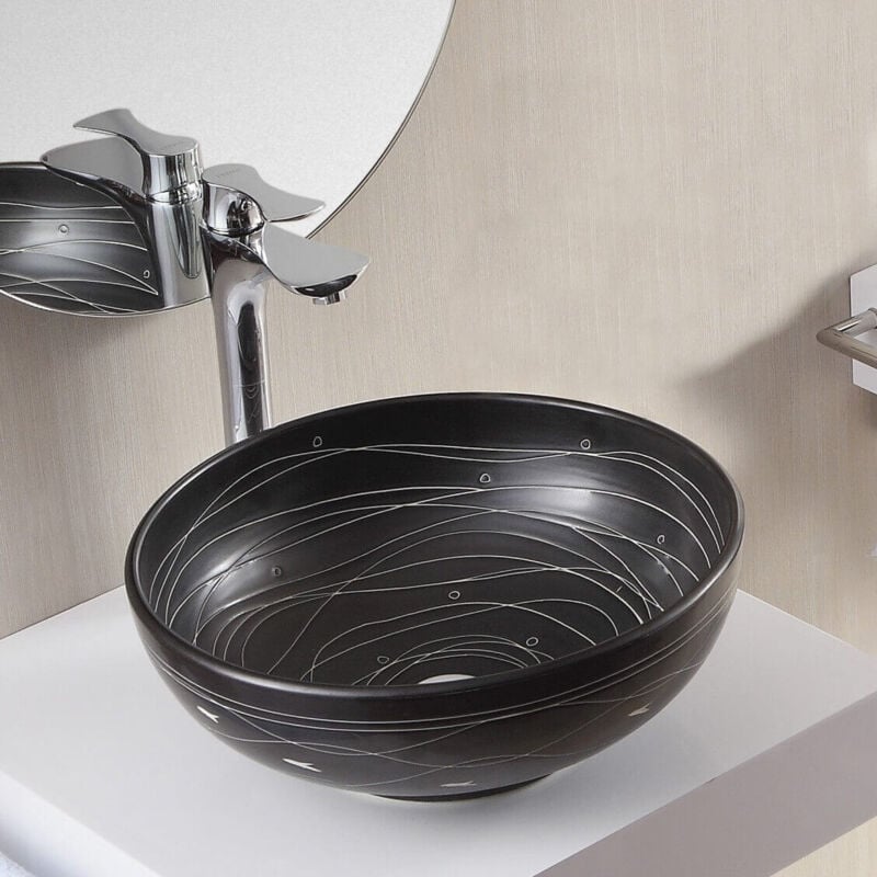 Vasque pour salle de bain Ronde - Céramique Noire rainurée Blanc - 41 cm Dark