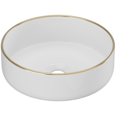 Vasque à poser ronde en céramique - Blanc avec liseré doré  - 36 cm - LENISO II
