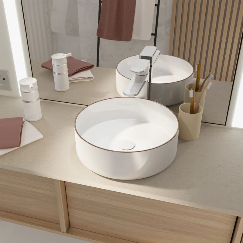 Aurlane - Vasque à poser ronde en céramique - Diamètre 36cm - Hauteur 12cm - Blanc et Liseré Or Rose