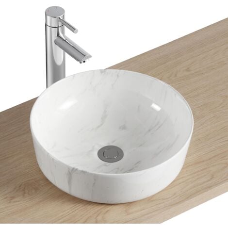 Vasque à poser ronde en céramique effet marbre blanc 37cm