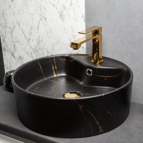 Vasque à poser ronde en céramique marbré noir et or Ø46 cm – Surface lisse et non poreuse – Trou de robinetterie pré-percé – Kerra