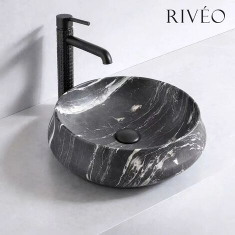 Vasque à poser ronde en céramique noir effet marbre diamètre 45,5 cm hauteur 15,5 cm avec bonde clic-clac noire incluse - RIVÉO
