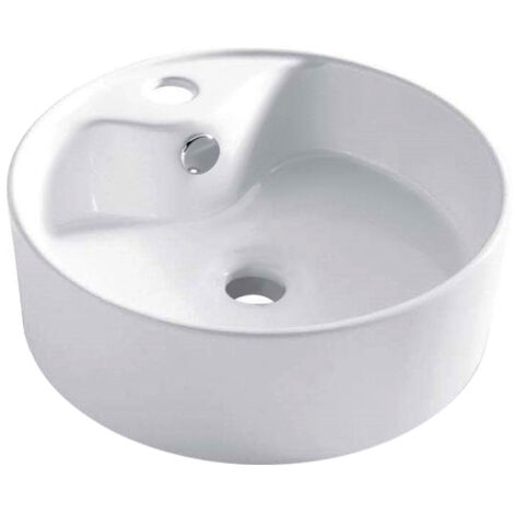 Vasque à poser ronde en porcelaine blanche brillante – Dimensions 390 x 135 mm – Rebosadero intégré pour gestion de l'eau