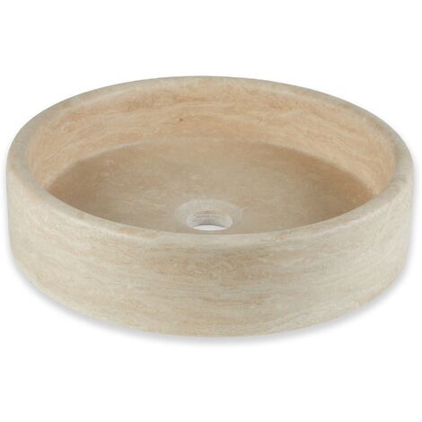 Vasque à poser ronde en travertin 40x10 cm – Couleur beige – Pour salle de bain moderne et élégante – Installation facile