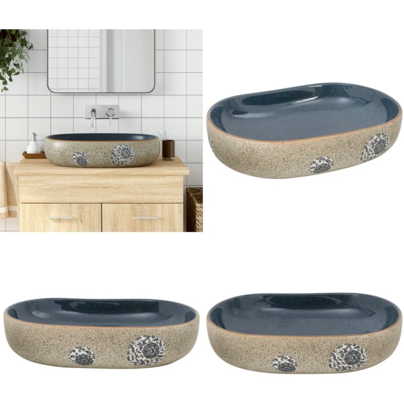Vidaxl - Vasque à poser sable et bleu ovale 59x40x14 cm céramique - Lavabo Design - Lavabo Céramique - Lavabo Salle De Bain - Meuble Lavabo - Évier