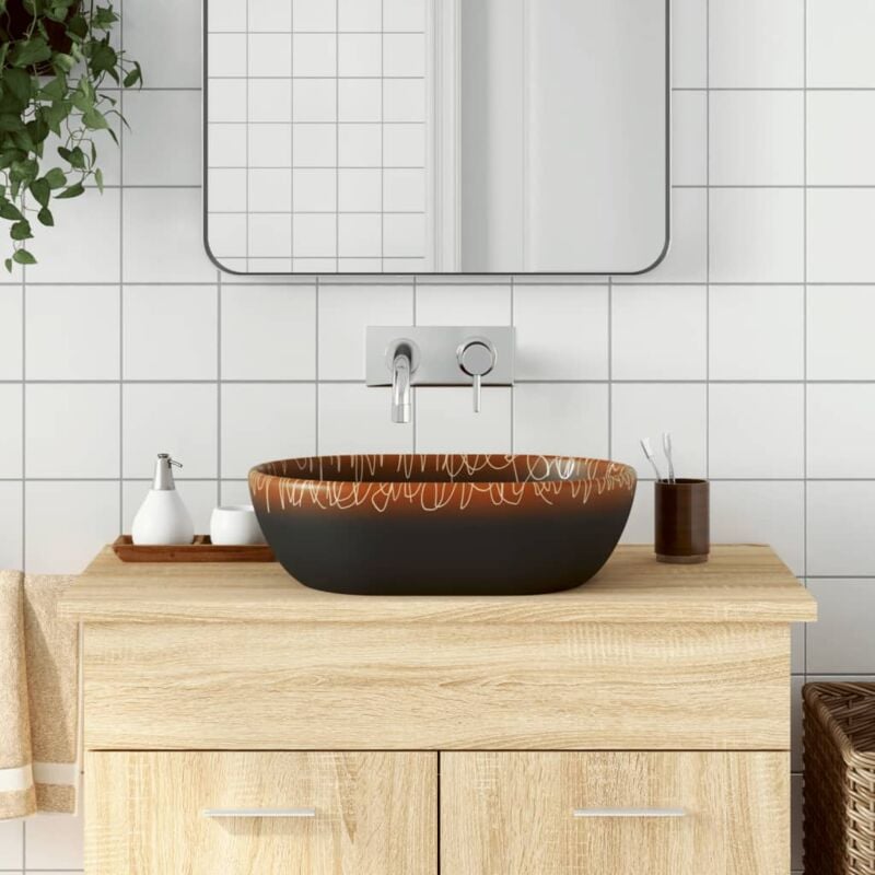 Vasque à poser - Lavabo de salle de bain, Évier noir et orange ovale 47x33x13 cm céramique design IN966578