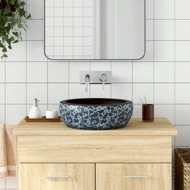 Lavabo de bain, Vasque à poser noir et bleu rond Φ41x14 cm céramique FR910668 design in
