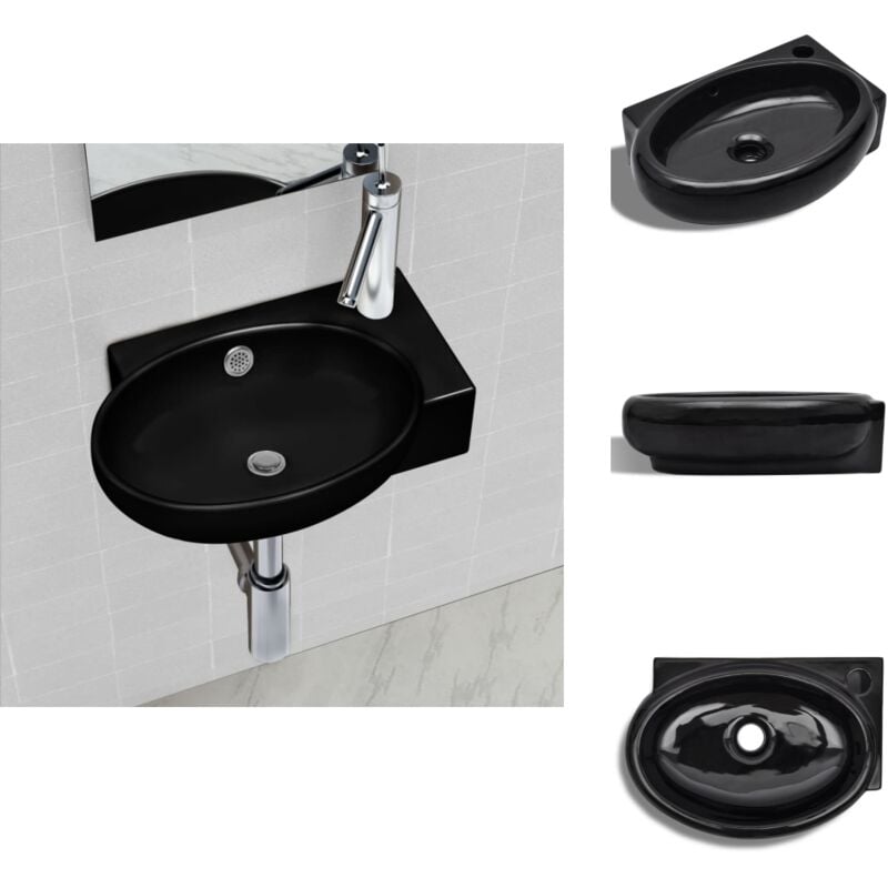 Vasque à trou de trop-plein/robinet céramique pour salle de bain Noir - Lavabo Céramique - Lavabo Noir - Lavabo Salle De Bain - Meuble Lavabo - Évier