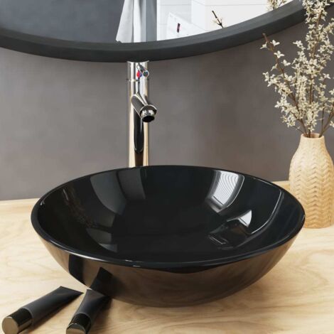 Vasque à trou  Lavabo Lave-Mains  de bain avec robinet et drain à poussoir Verre trempé