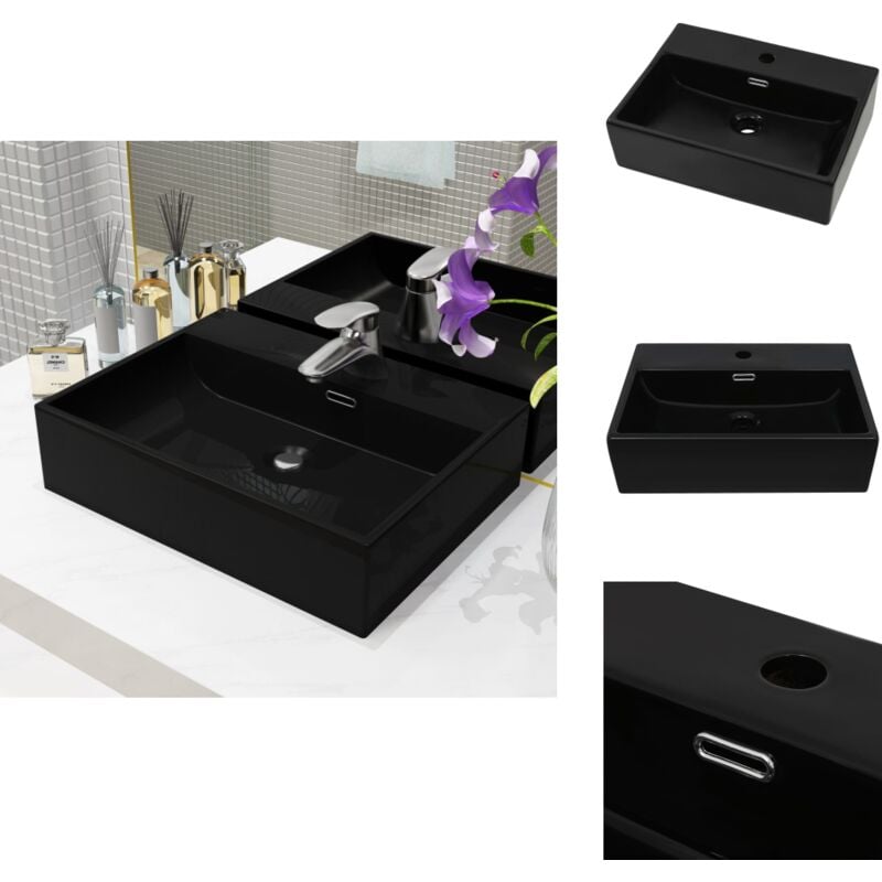 Vasque avec trou de robinet en céramique Noir 51,5x38,5x15 cm - Lavabo Céramique - Lavabo Noir - Meuble Salle De Bain - Washbasin - Évier Salle De