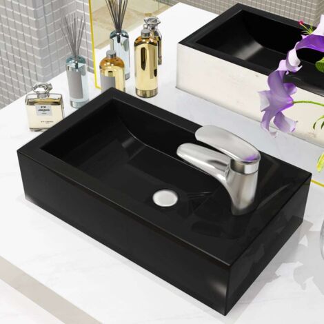 Vasque avec trou de robinet Lavabo à poser  Lavabo salle de bain  Céramique Noir 46 x 25,5 x 12 cm