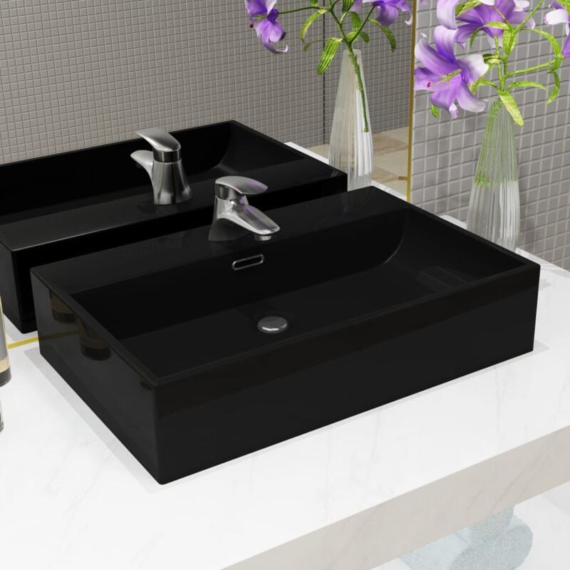 Vasque avec trou de robinet Lavabo à poser Lavabo Vasque salle de bain en céramique Noir 60,5x42,5x14,5 cm