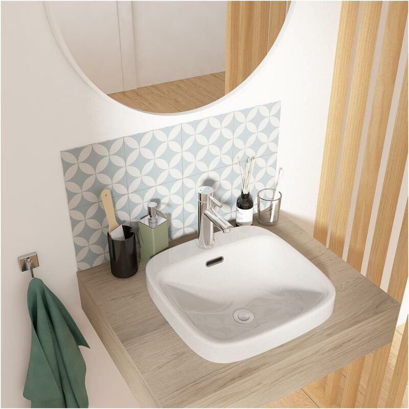 Vasque carrée blanche semi encastrée en céramique 37 x 37 cm jade