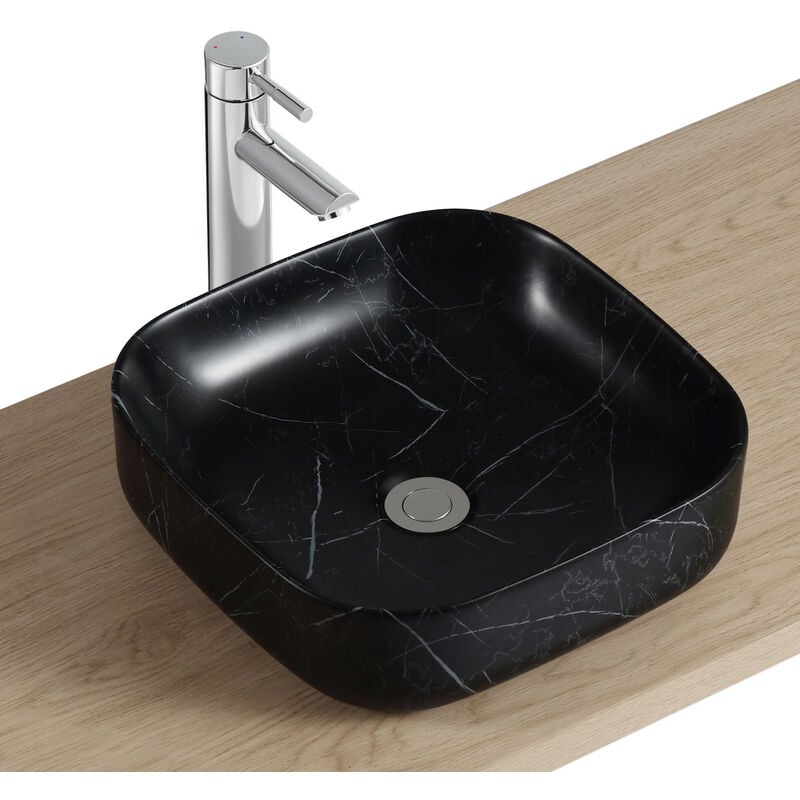 Vasque carrée noire à poser en céramique imitation marbre 37 x 37 cm diane