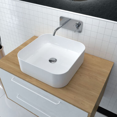 Aurlane – Vasque carrée blanche en céramique à poser 40x40x13.5cm – Bords arrondis pour élégance – Visserie inox anticorrosion