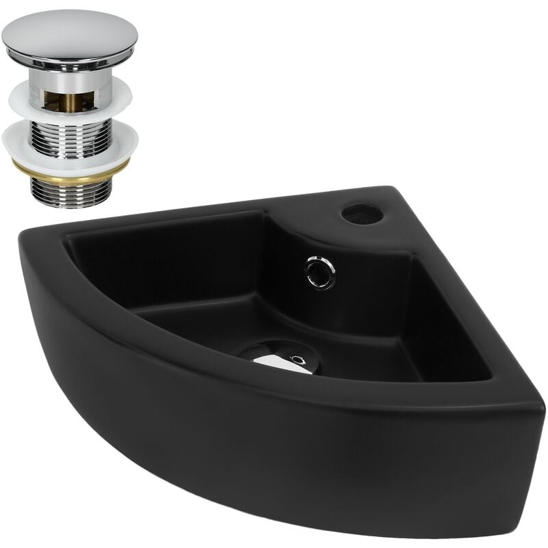 Ml-design - Lavabo d'angle en Céramique Noir, 46x33x13 cm, Angulaire, avec Bouchon de Vidage Chrome en Laiton, Trop-Plein et Trou pour Robinet