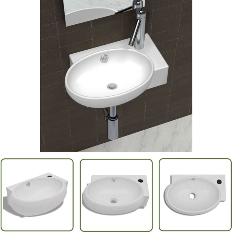 Vasque de salle de bains céramique blanc avec trou de trop-plein - Lavabo Céramique - Lavabo Blanc - Meuble De Salle De Bain - Robinet Lavabo