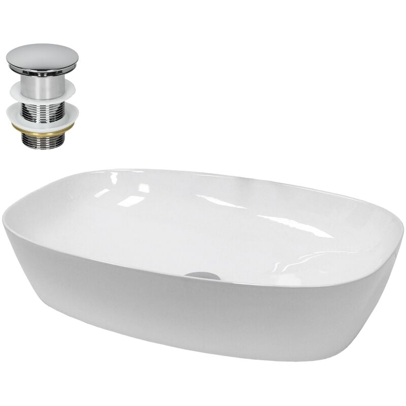Ecd Germany - Vasque à Poser Lavabo Salle de Bain - Ovale - 605 x 380 x 140 mm - en Céramique - Blanc - avec Kit de Vidange sans Trop-plein - Push