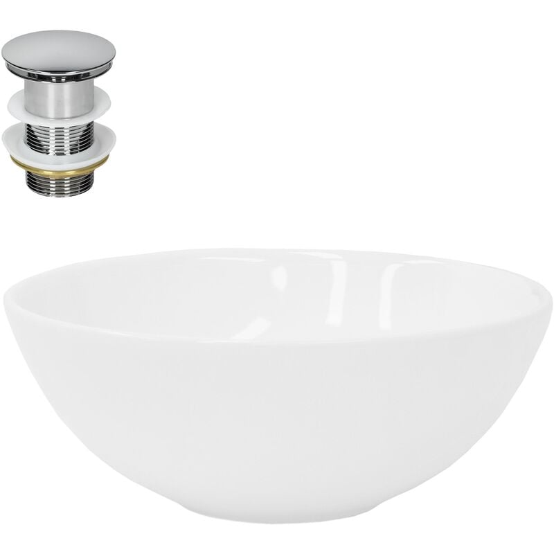 Lavabo en Céramique Blanc Brillant, ø 280 x 116 mm, Ronde, avec Bouchon de Vidange Push-Open en Laiton Chromé, Vasque à Poser Évier Lave-Mains pour