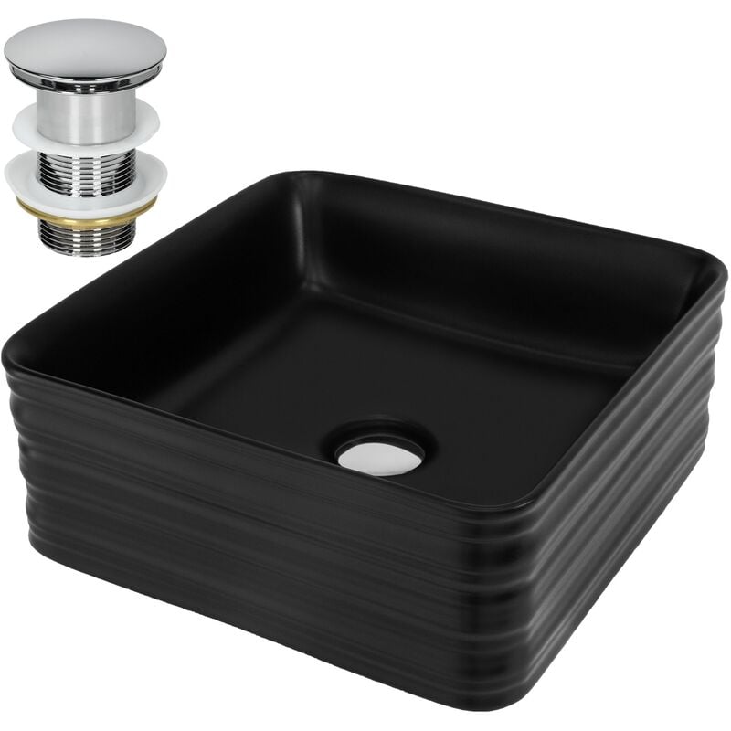 Ml-design - Lavabo en Céramique, Noir Mat, 39x39x15 cm, Forme Anguleux, Garniture de Vidage, Vasque á Poser, Design Moderne, Lavabo à Main, Lavabo de